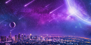 紫色蓝色场景大气星空星球流星城市紫色星空展板背景